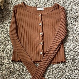 Altar'd State Brown Ribbed Long Sleeve Button Down Shirt